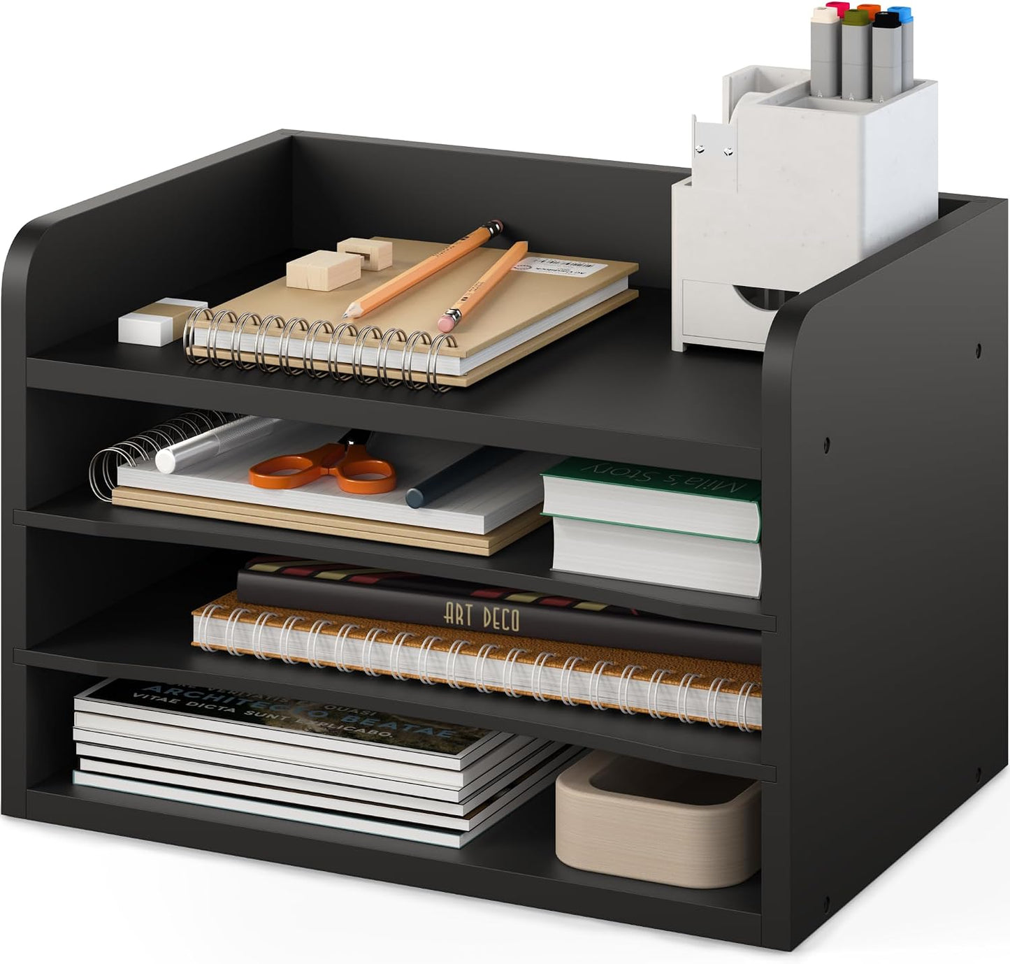 Ballucci File Organizer, 4-Tier Office Desk Organizer, Open Top Wood Paper Organizer for Classroom, Mail Sorter Paper