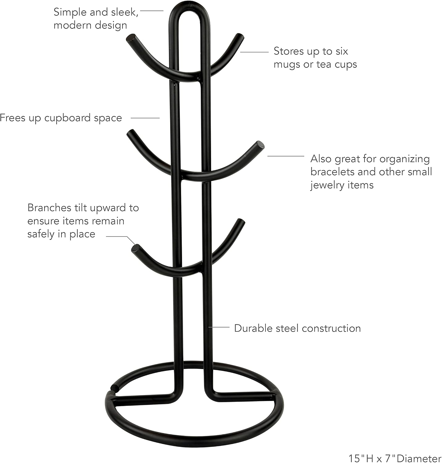 Spectrum Euro Modern Mug Stand for Coffee Cups Mugs Espresso Teacups Kitchen Organizer, Standing Cup Tree for 6 Mugs