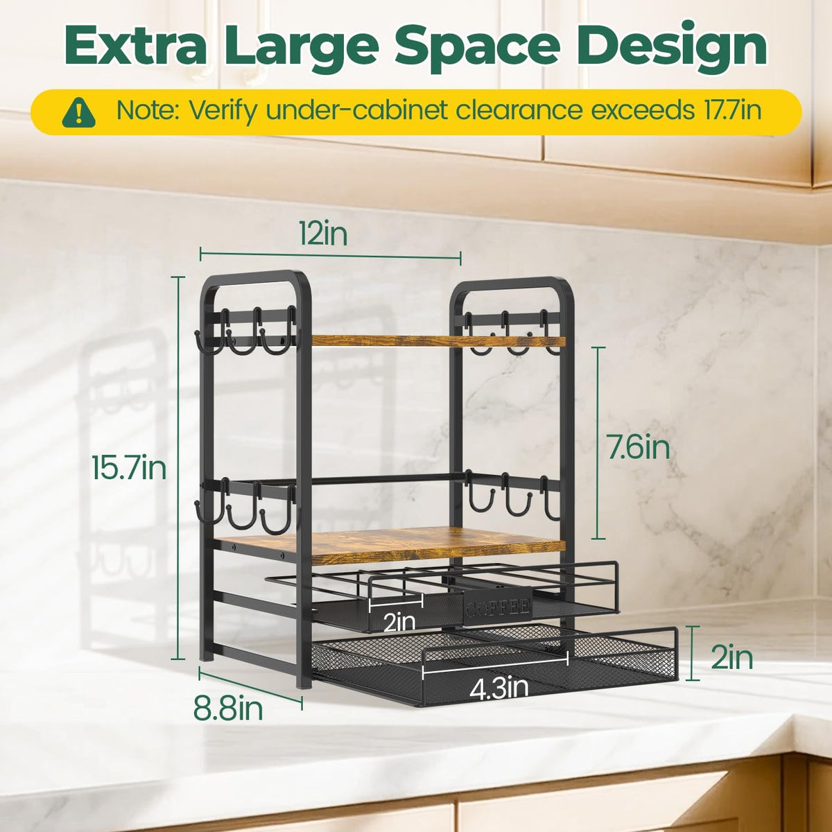 EsLuker.ly Coffee Bar Organizer Station Shelf Mug Holder for Countertop | 4 Tier Mug Holder Stand with 12 Hooks, K Cup