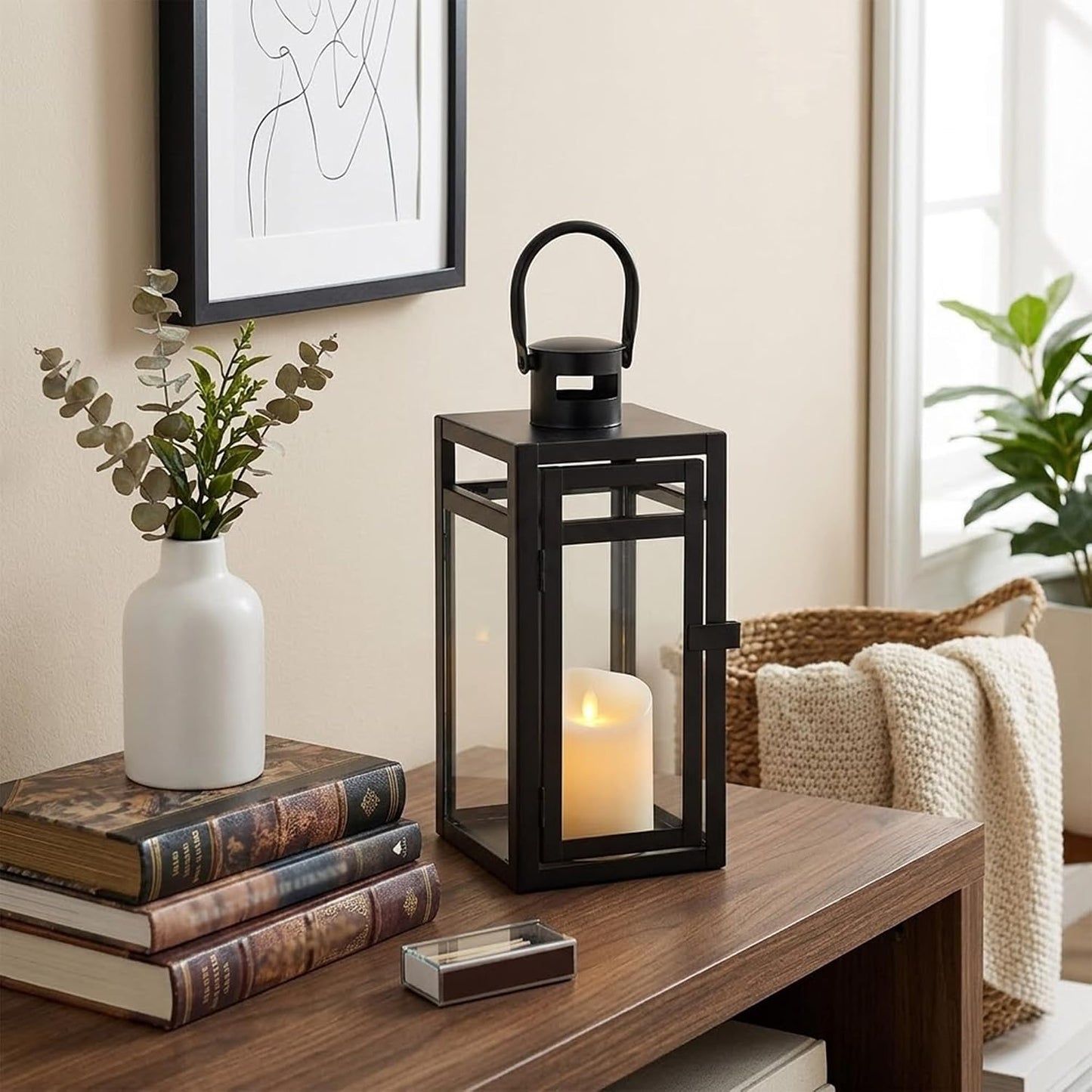 TRIROCKS Metal Candle Lantern 12'' High Decorative Outdoor Lantern Hanging Lantern with Tempered Glass for Christmas