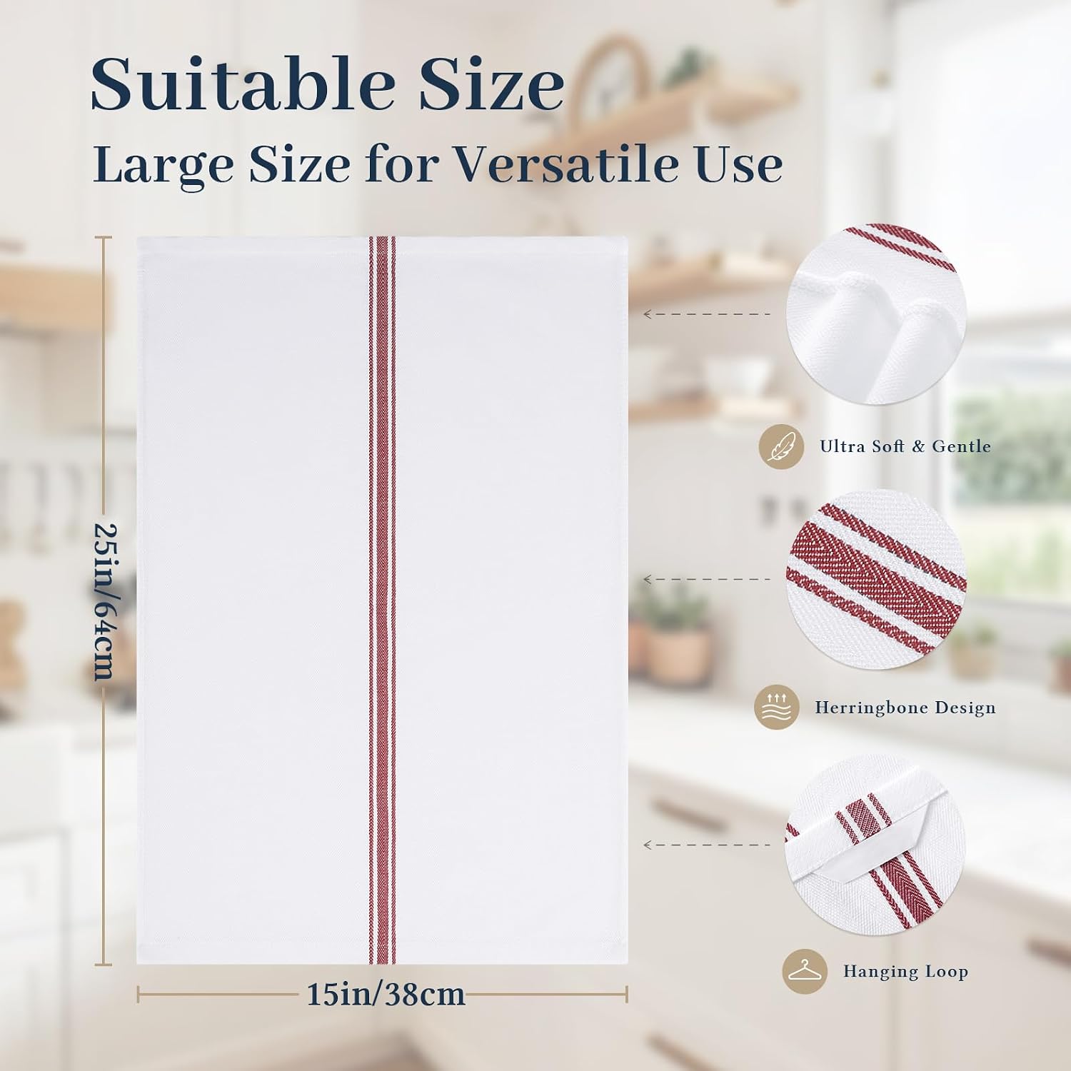 Homaxy 100% Ring Spun Cotton Kitchen Towels 24 Pack, Red Stripe | 15 x 25 Inch, Highly Absorbent Dish Towels for