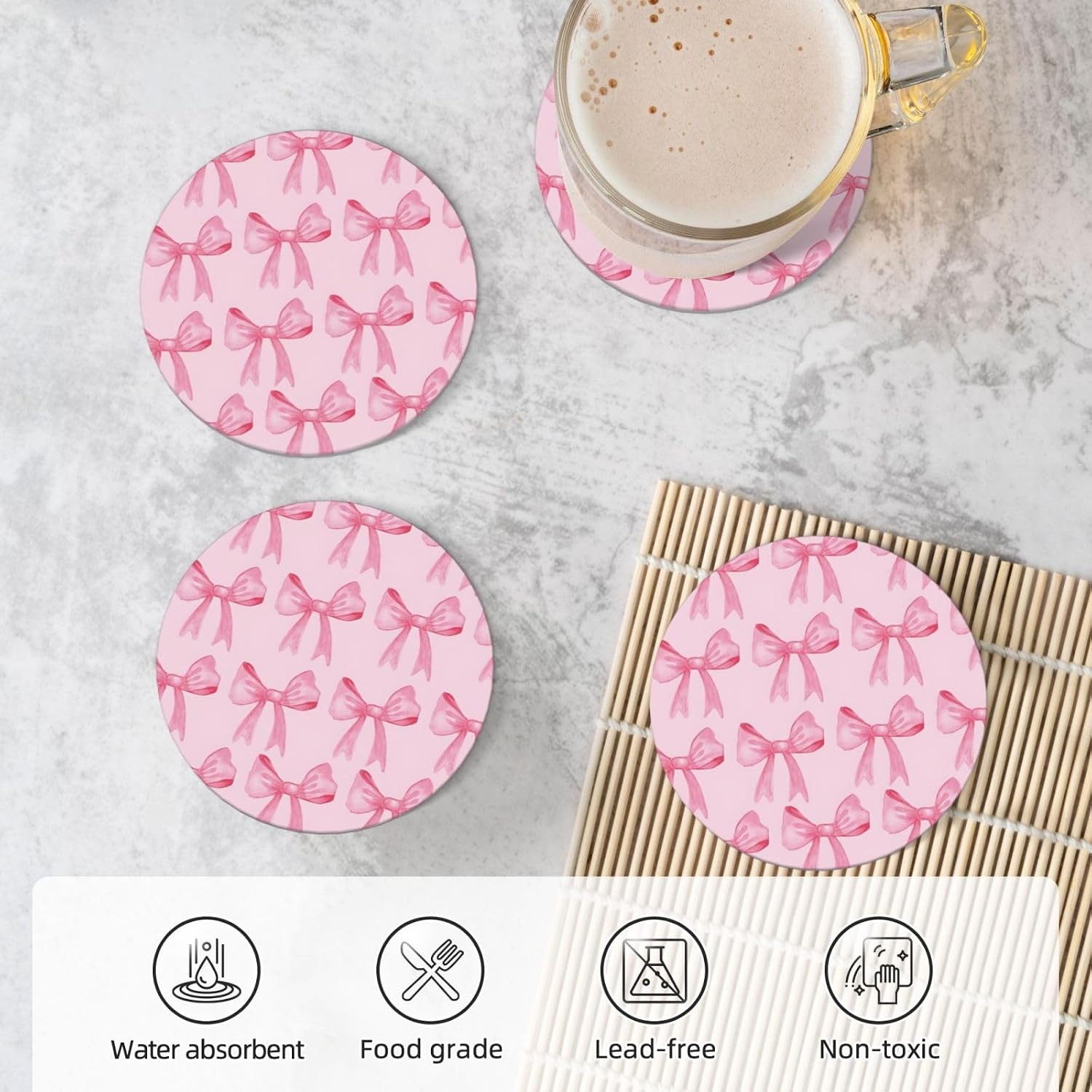 Ceramic Cork Base Coasters Set Decorative 4.1""- Pink Bow / Pink Bow 2 / Set of 4
