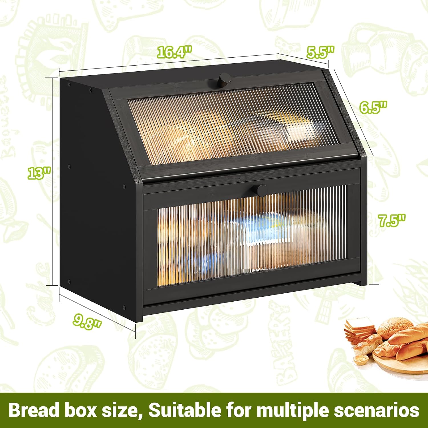 BMOSU Large Double Layer Bread Box for Kitchen Countertop, Bamboo Wood Capacity Bin Storage (Black)