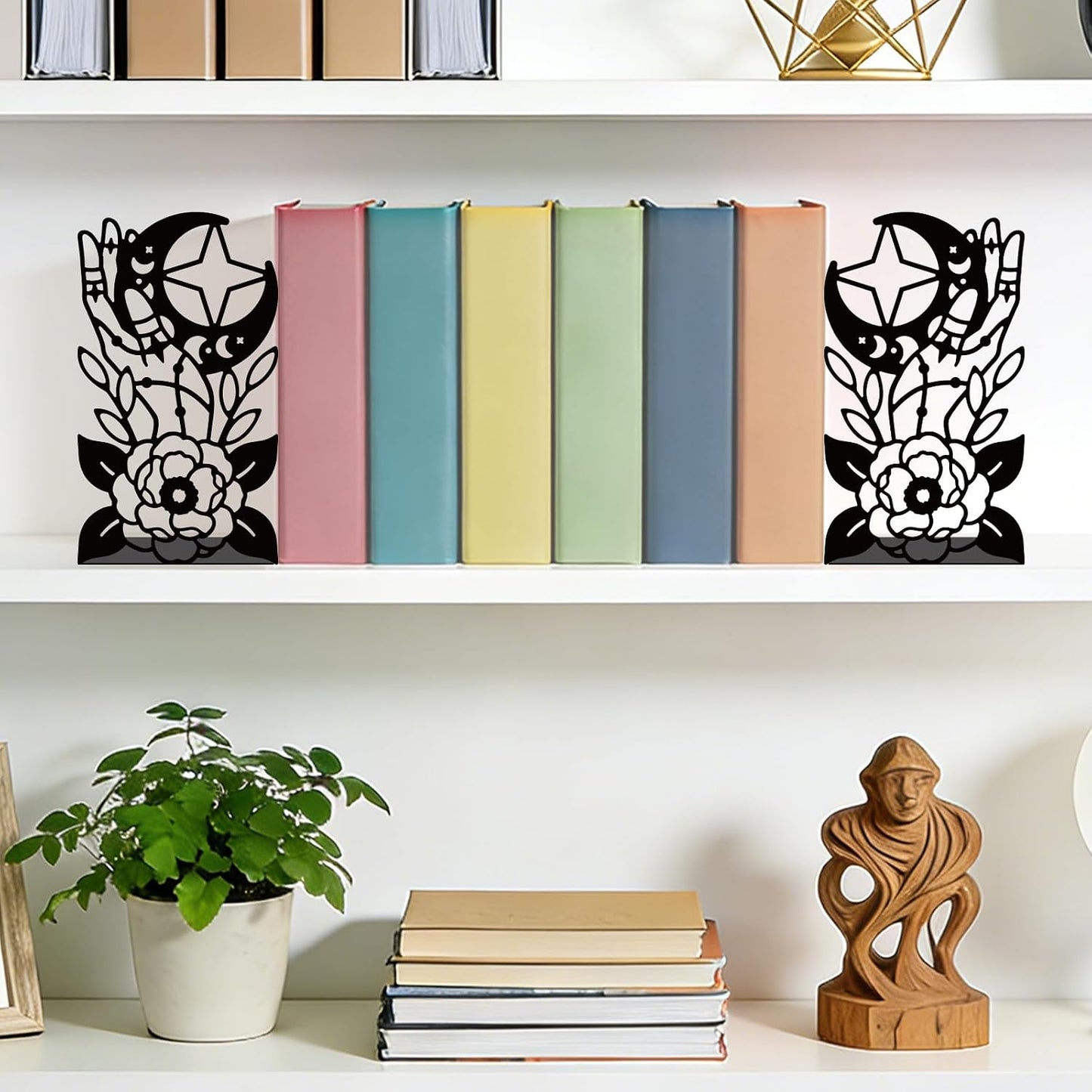 Metal Bookends Lunar Phases Heavy Duty Adjustable Book Stopper / Moon / Black / Set of 2