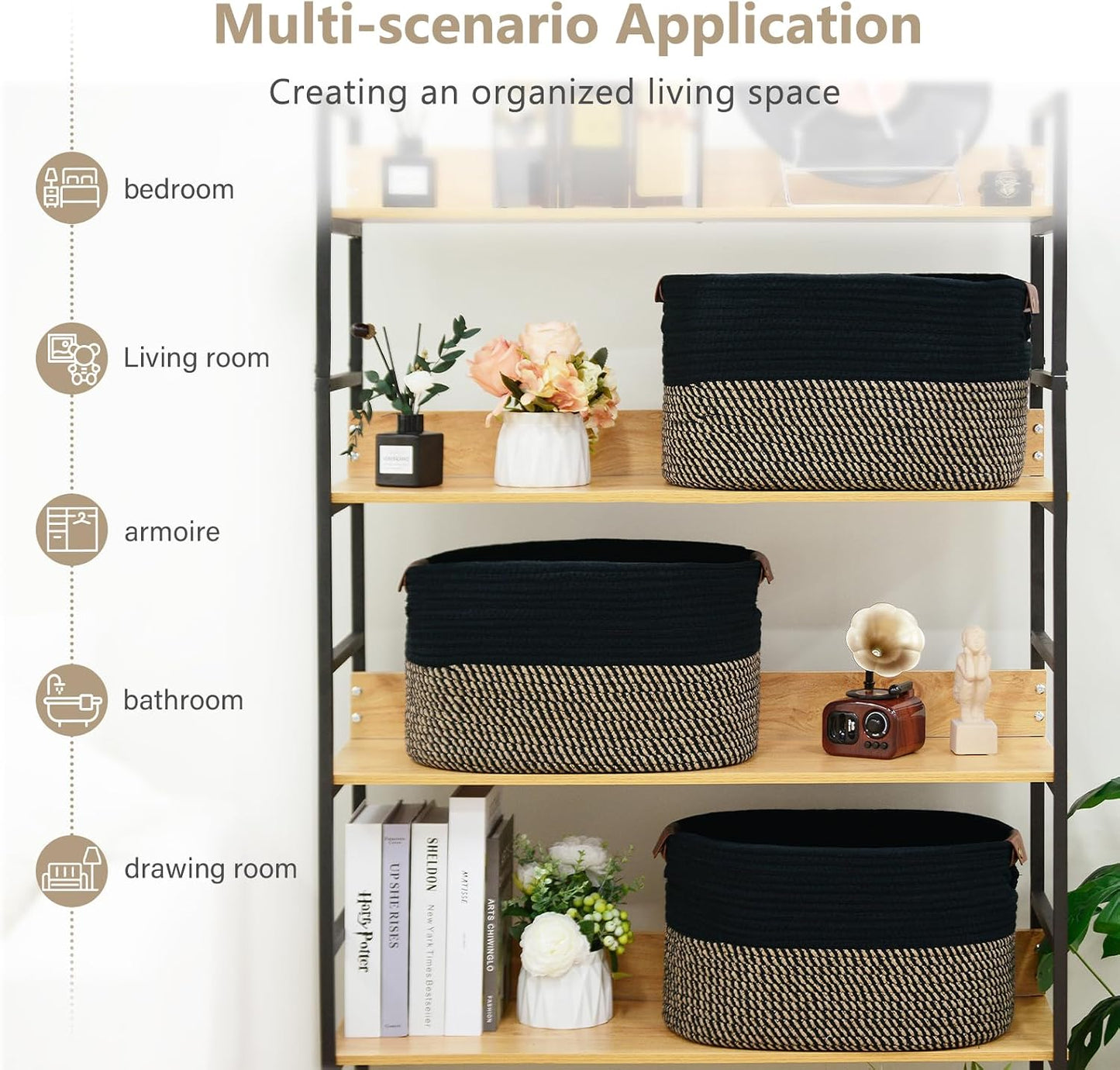 Woven Basket / Storage Baskets / Black/brown / 15 x 10 x 9