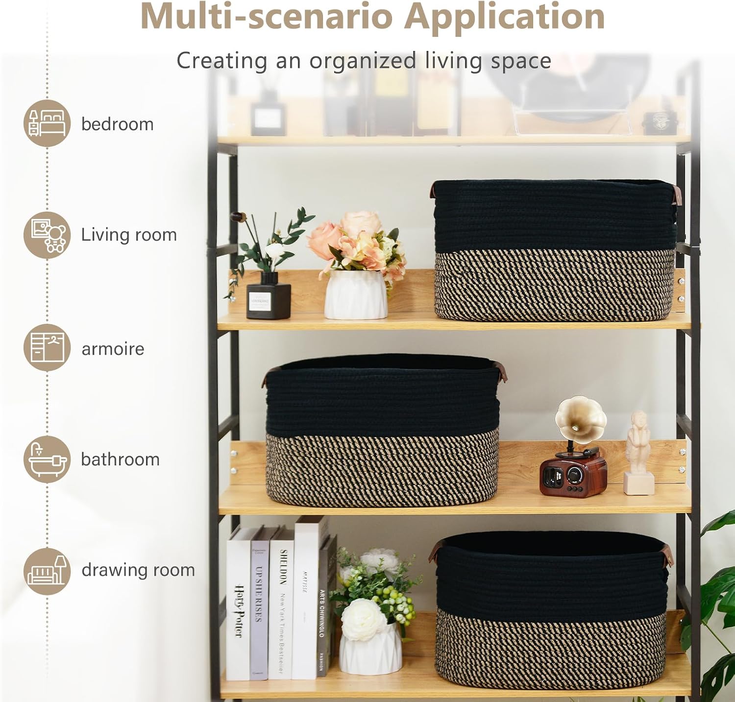 Woven Basket / Storage Baskets / Black/brown / 15 x 10 x 9