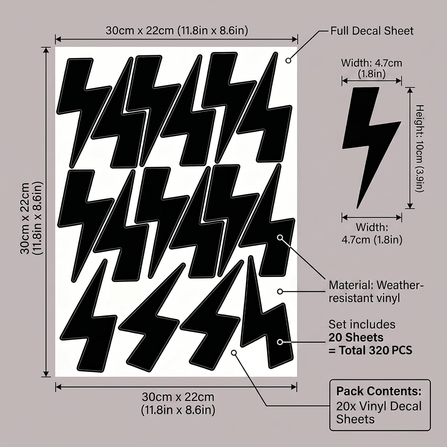 Lightning Bolt Wall Decals / Black / Set of 320