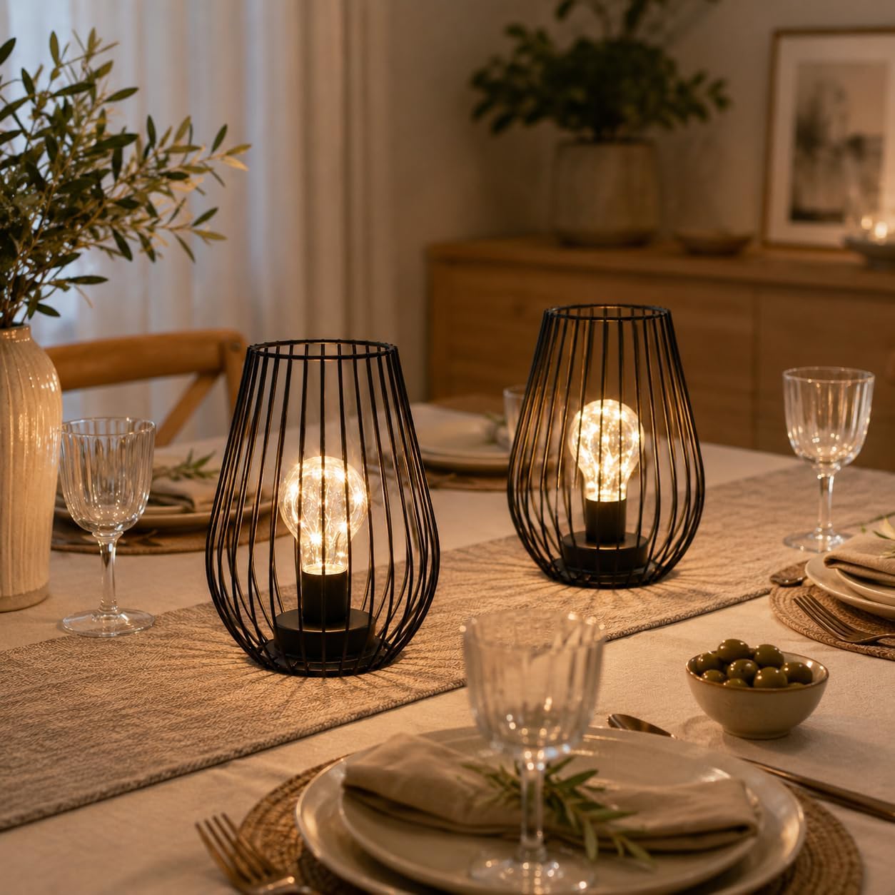 TRIROCKS Metal Cordless Table Lamp - 8'' Tall Set of 2 Cage Shape Battery Operated Lamp with Fairy Lights Bulb for