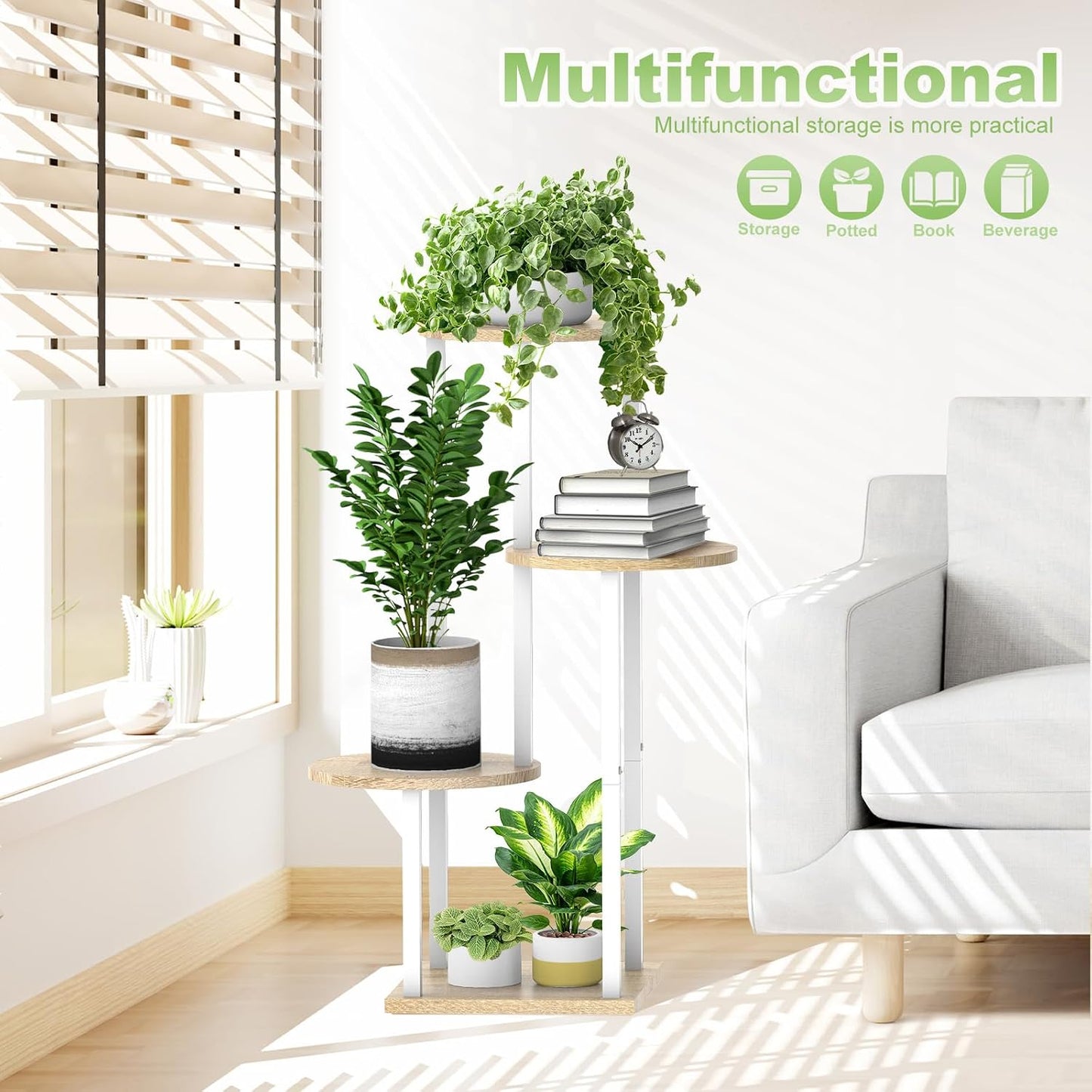 4 Tier Wood Tall Plant Stand Metal Rack Indoor, Multiple Flower Pot Holder Shelves Corner Rack, Round Planter Shelf