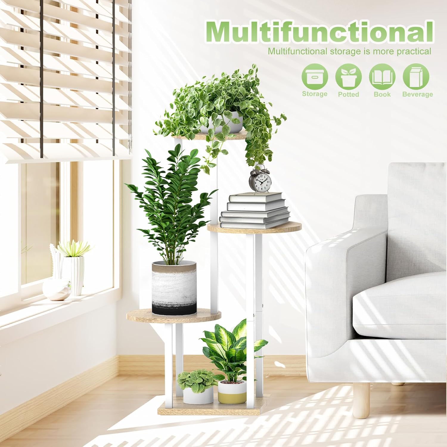 4 Tier Wood Tall Plant Stand Metal Rack Indoor, Multiple Flower Pot Holder Shelves Corner Rack, Round Planter Shelf