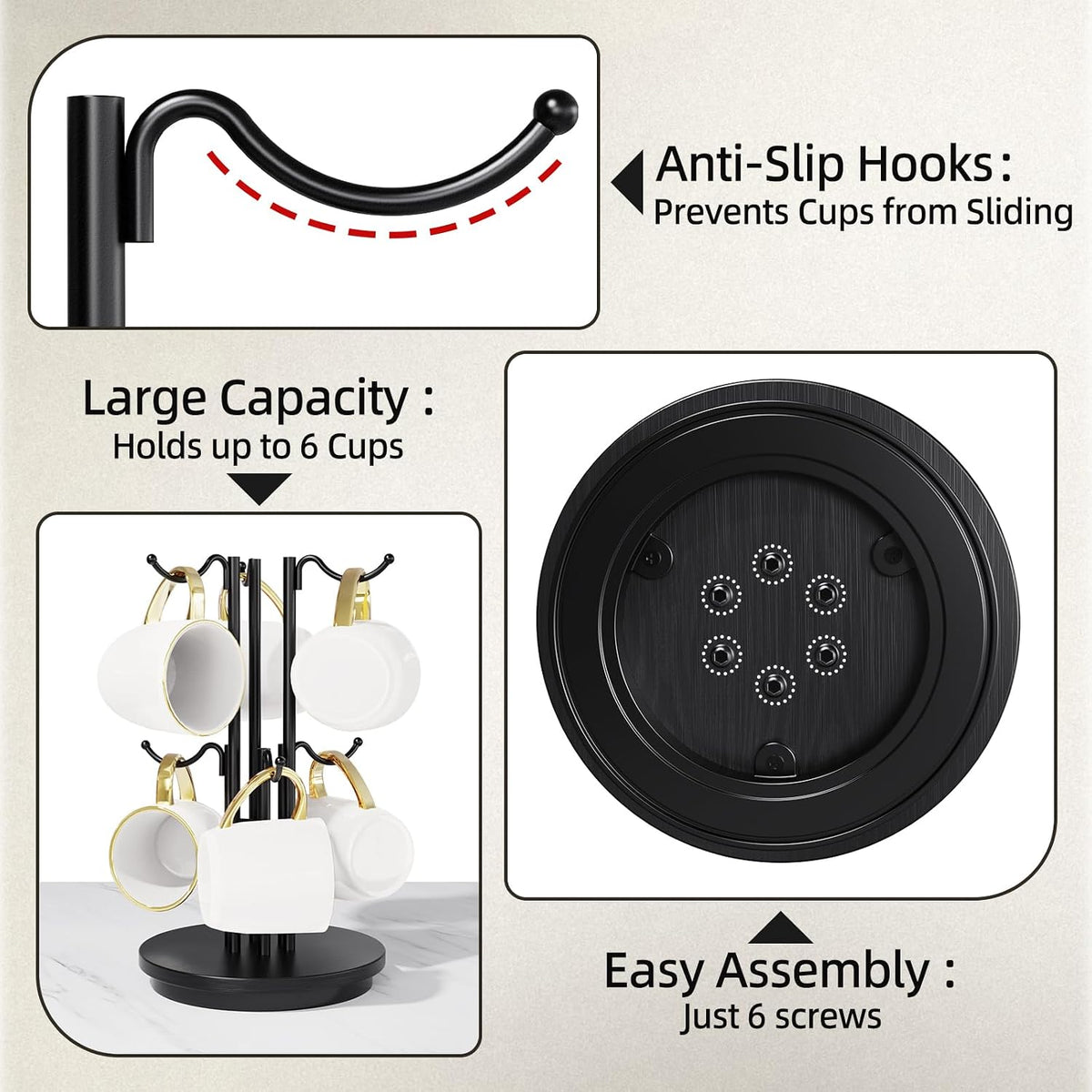 6-Hook 360° Rotating Large Coffee Mug Holder Tree, Wood Base, Black | 360° rotation, 6 mugs (12-16oz), 5.7" spacing