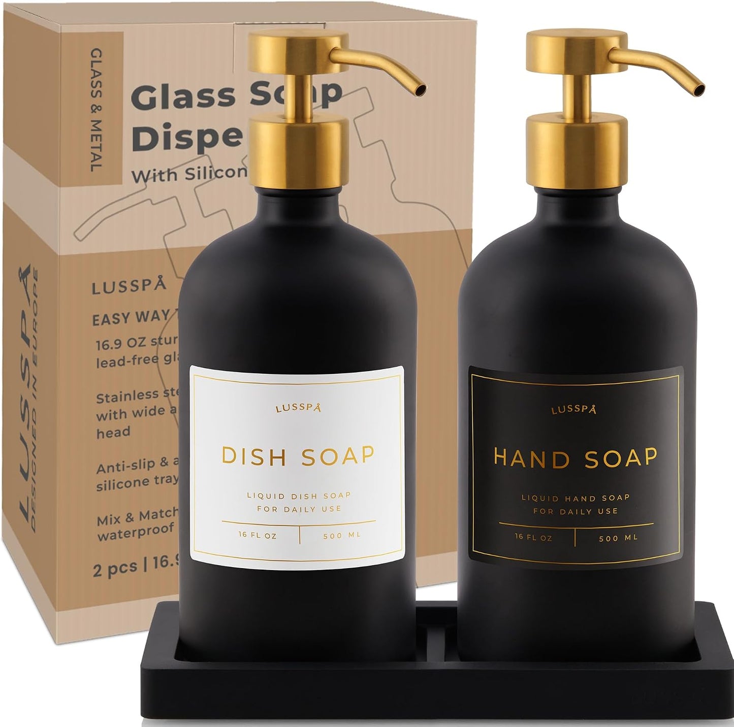 Glass Soap Dispenser Set of 2 (Black) with Silicone Tray | Hand and Dish Soap Dispenser for Kitchen and Bathroom | 16.8