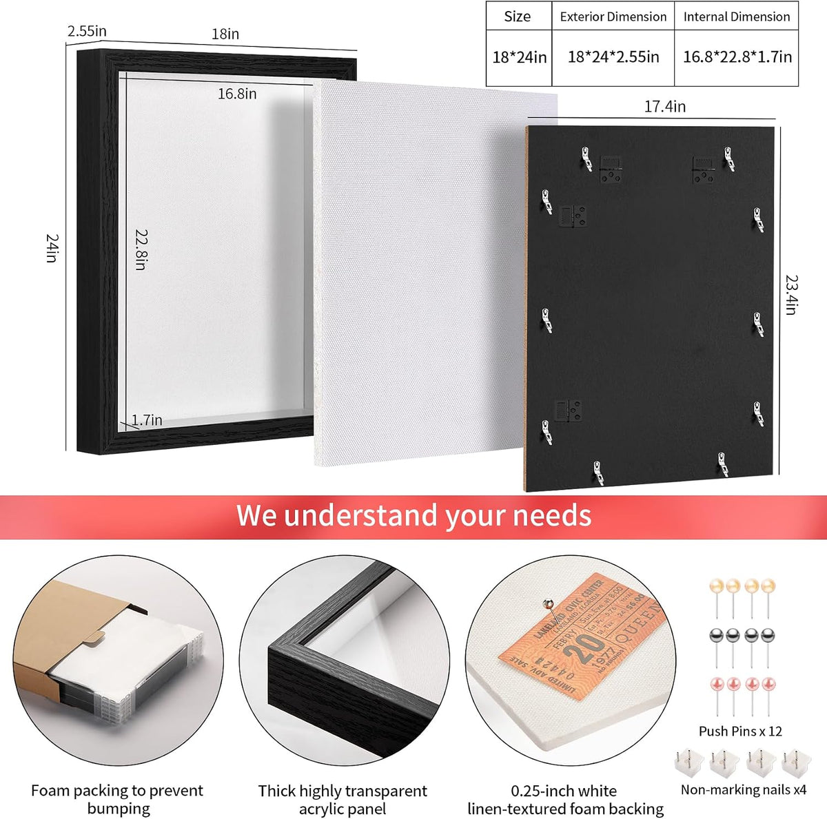 18x24 Large Shadow Box Frame with Thickened Acrylic Panel & Pins | With Linen Back, Upgraded 1.7" Deep Black Shadow Box