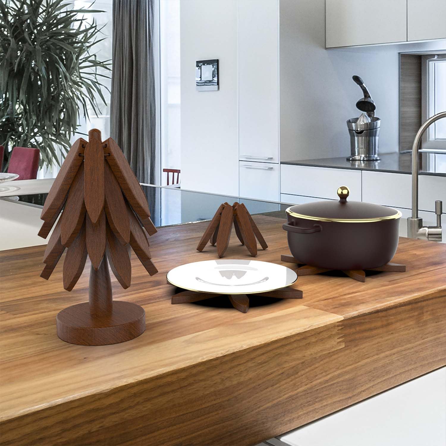 4 Wooden Trivets+1 Stand / Walnut Wood / Natural
