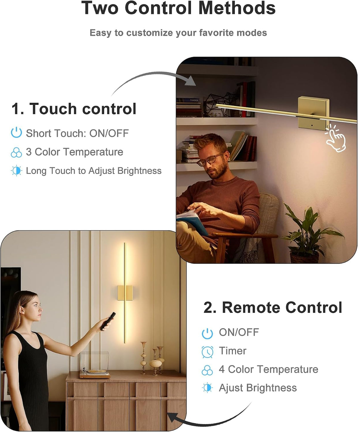 Battery Powered Wall Sconce Set of Two: Gold Wireless Rechargeable Wall Lights with Touch and Remote Control