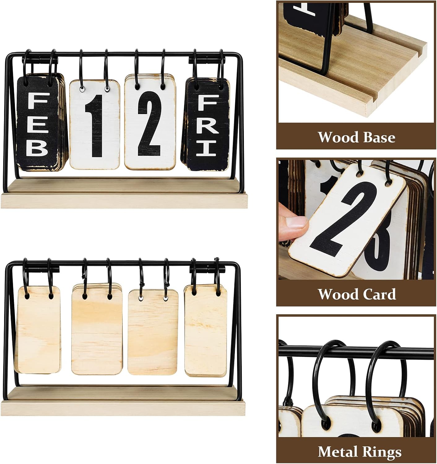 Wooden Desk Calendar 2025 2026 Standing Flip, Vintage Perpetual Flip Calendar with Large Display, Daily Desktop