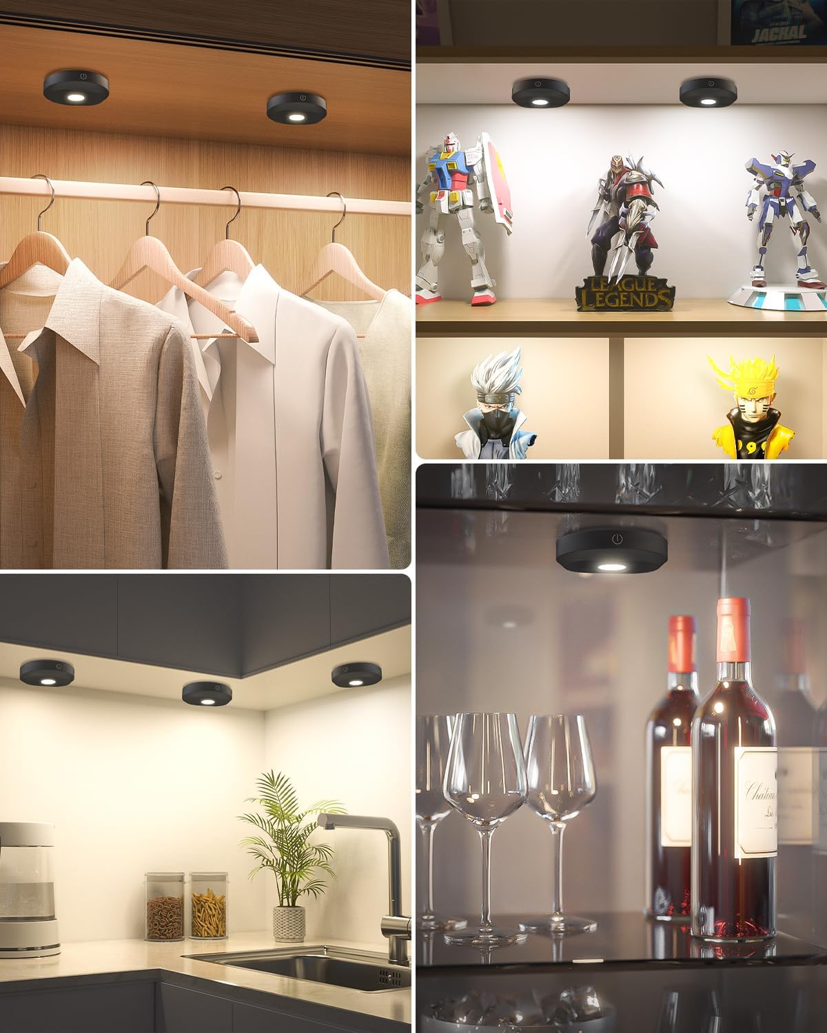 WILLED Under Cabinet Lighting Wireless,Rechargeable Puck Lights with Remote Control,Battery Tap Light Stick On,3 Colors