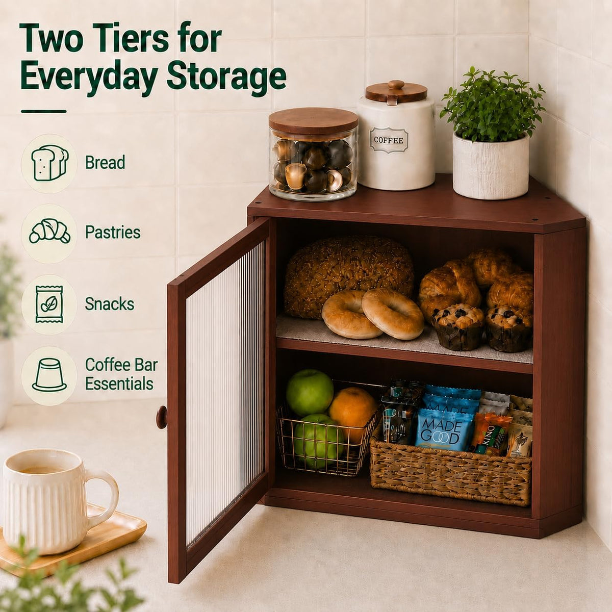 BAMBANG Corner Bread Box for Kitchen Countertop, Large Capacity Bamboo Wood Bread Storage Container, 2 Tier Farmhouse