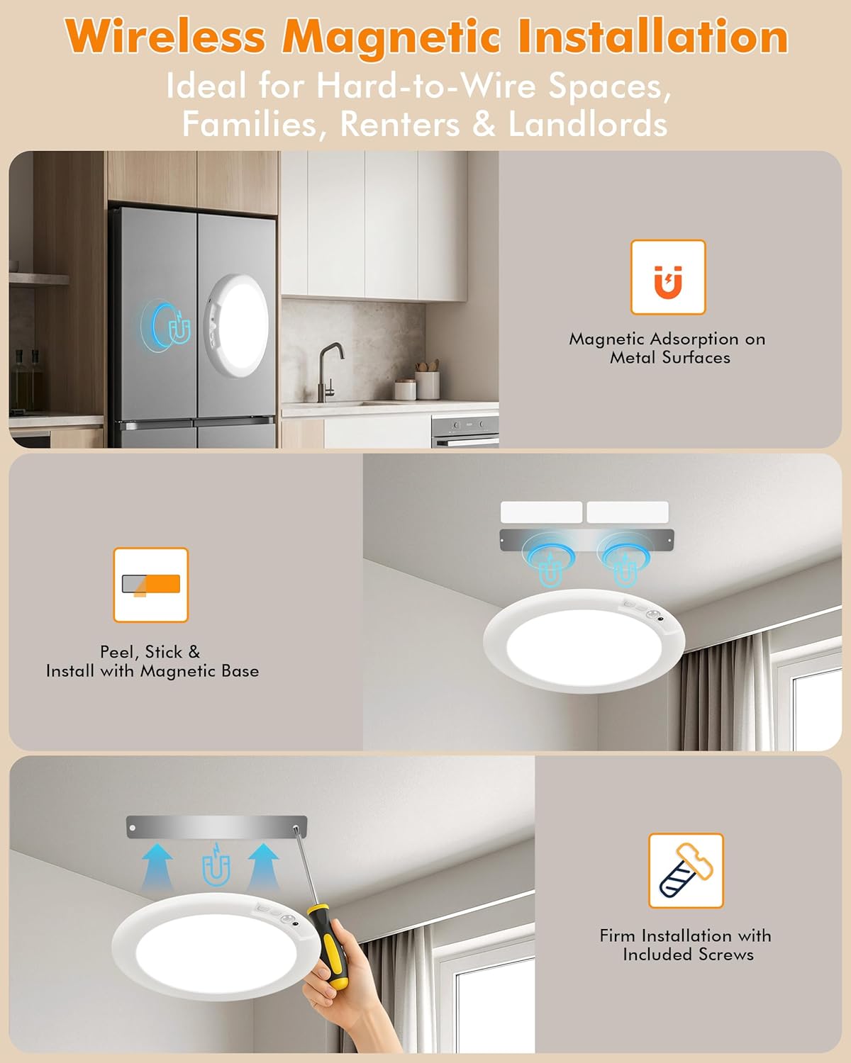 Rechargeable Ceiling Light 8 Pack, Magnetic Motion Sensor with Remote | Wireless Dimmable Battery Operated LED Ceiling