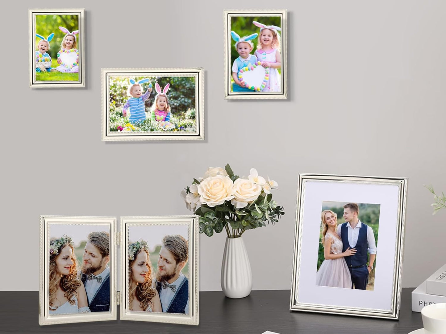 YiPinYin Classy Silver Plated 8x10'' Metal Picture Frame 2 pack,Classic Beaded Frame 8x10'' Mat 5x7'',Real Glass Front