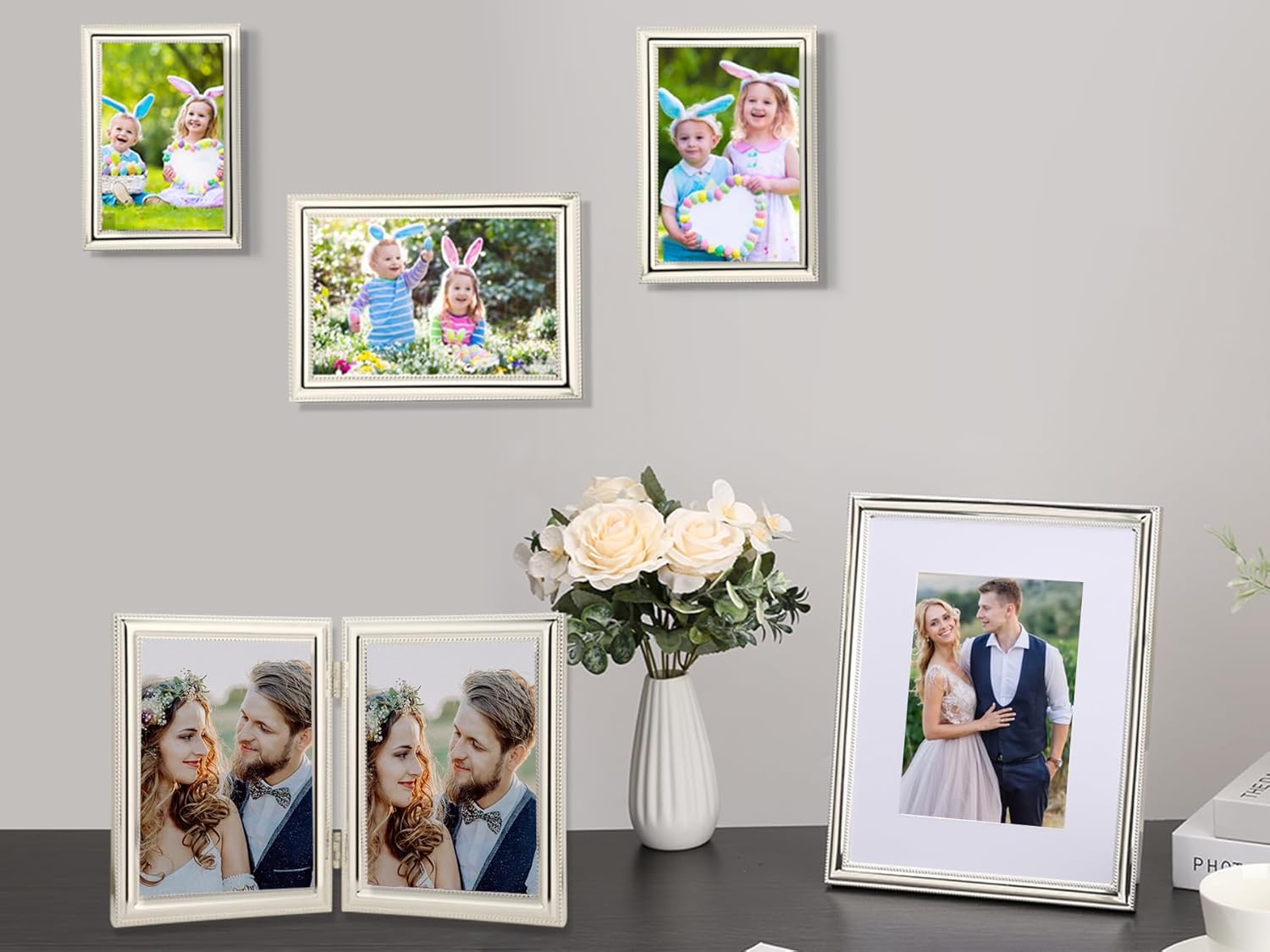 YiPinYin Classy Silver Plated 8x10'' Metal Picture Frame 2 pack,Classic Beaded Frame 8x10'' Mat 5x7'',Real Glass Front