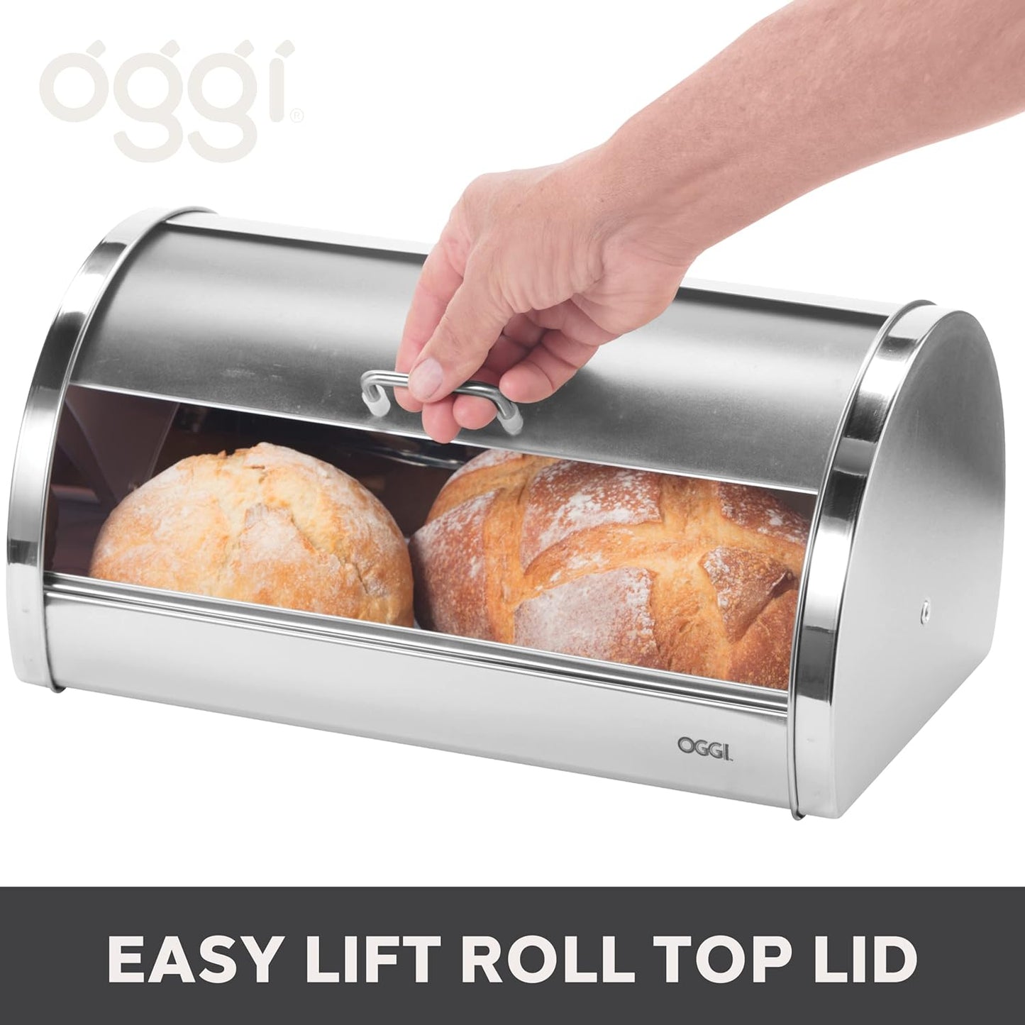 Oggi Stainless Steel Roll Top Bread Box for Kitchen Countertop with Frosted Plexilass Lid - Fits Multiple Loaves of