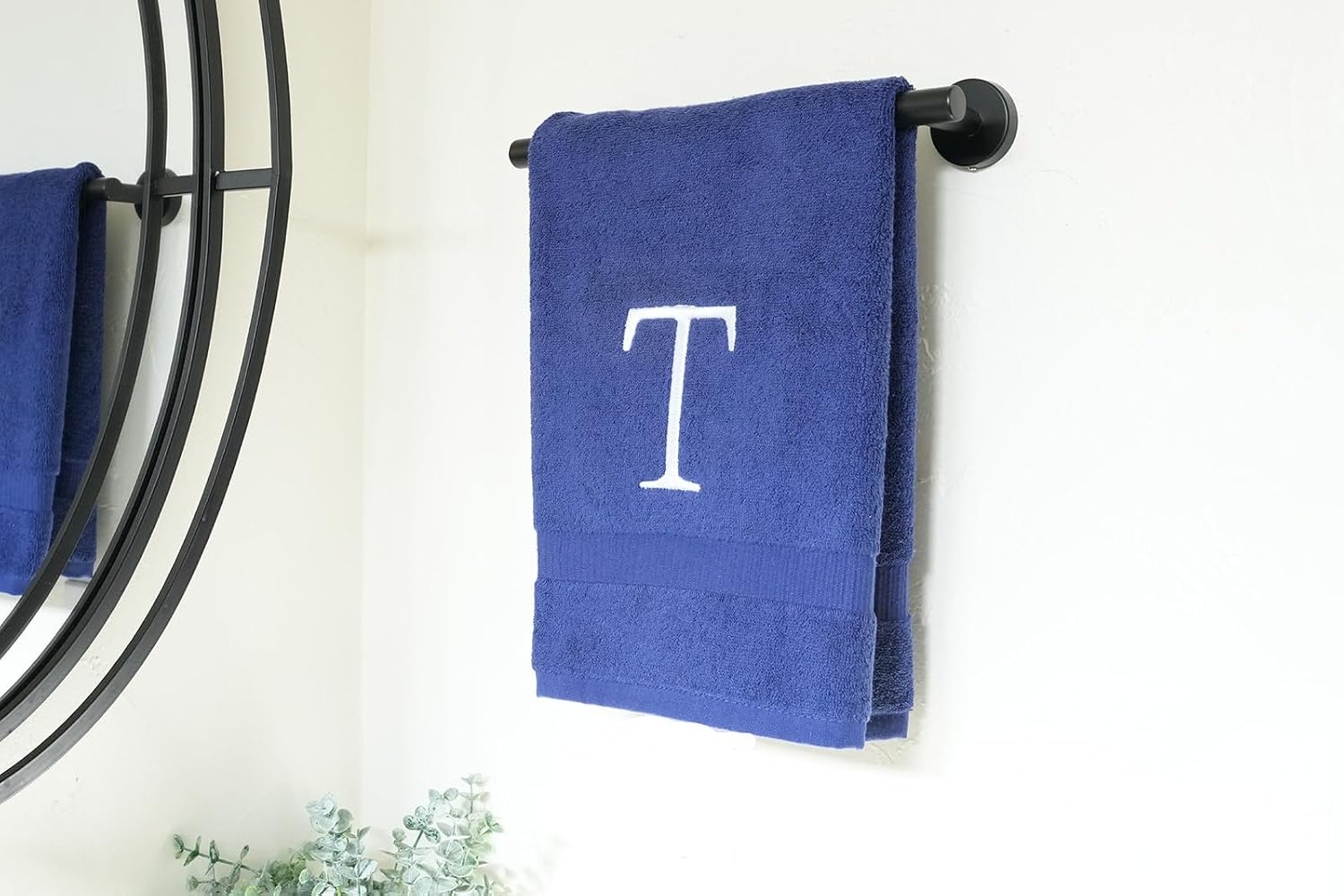 Navy with White Monogrammed Hand Towels for Bathroom - Set of 2 Letter T | Luxury Hotel Quality Initial Towels For
