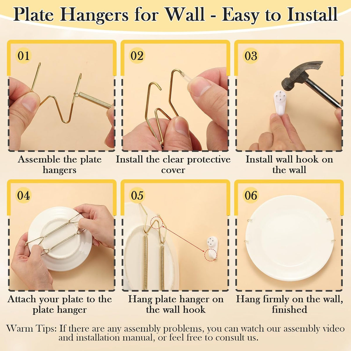 24 Pack Plate Hangers for Wall Display, 6/8/10/12 Inch Invisible Stainless Steel Plate Holders with Wall Hooks, Fit