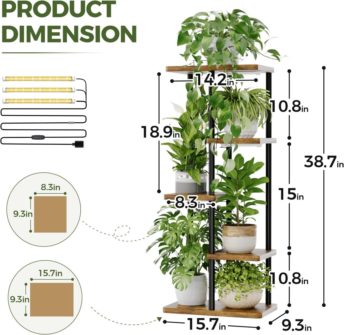 Bamworld Indoor Plant Stand with Grow Light Corner 5Tier | Metal Plant Shelf Wood Flower Stand for Home Living Room