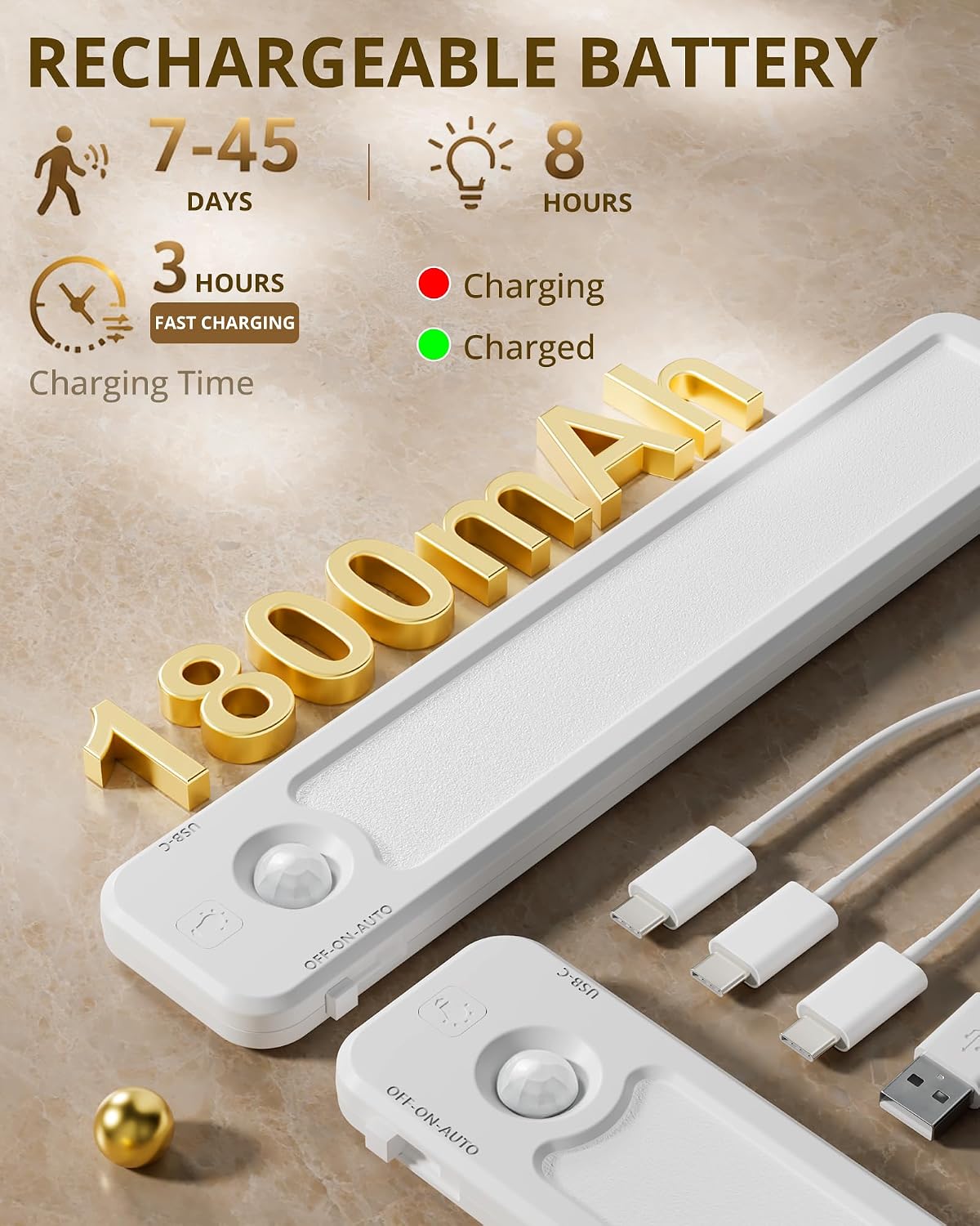 6 Pack Under Cabinet Lighting Wireless, 48 LED Rechargeable Motion Sensor Light Indoor, 3 Color Temps & Dimmable
