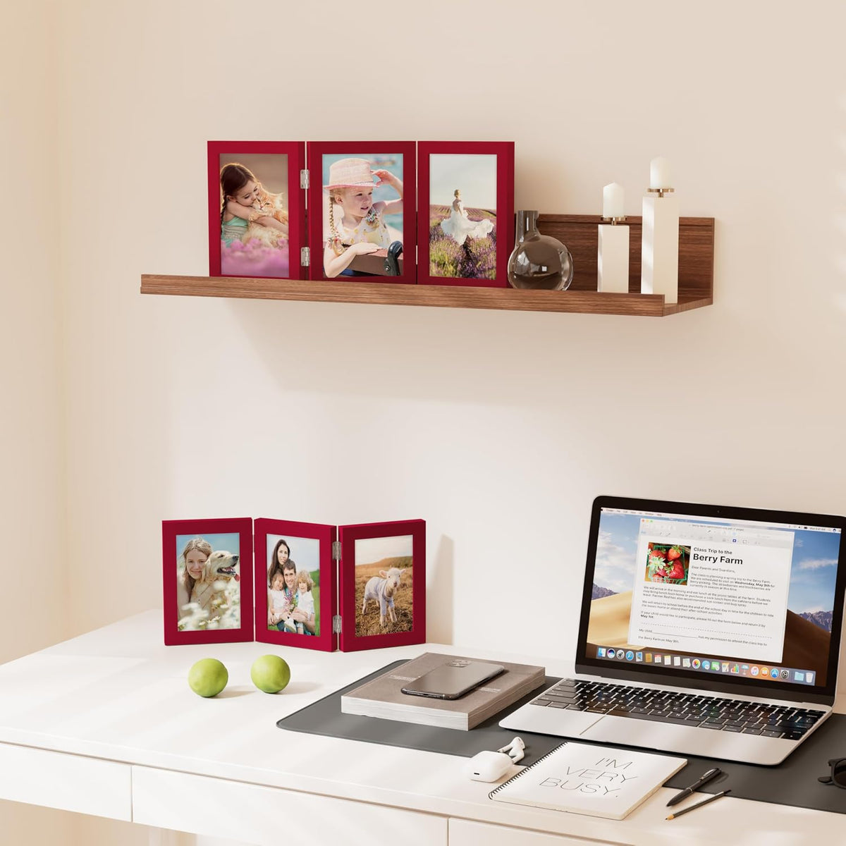 decorUhome Red Triple 7x5 Picture Frame Horizontal, MDRD08 | "Z" Shape Folding Design Engineered Wood Trifold Photo