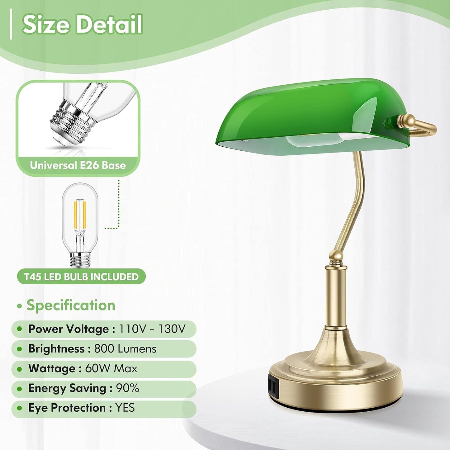 Bankers Lamp with 2 USB Ports, Touch Control Green Glass Desk Lamp with Brass Base, 3-Way Dimmable Vintage Desk Lamp
