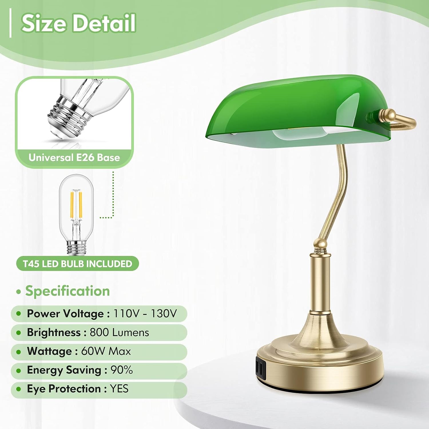 Bankers Lamp with 2 USB Ports, Touch Control Green Glass Desk Lamp with Brass Base, 3-Way Dimmable Vintage Desk Lamp