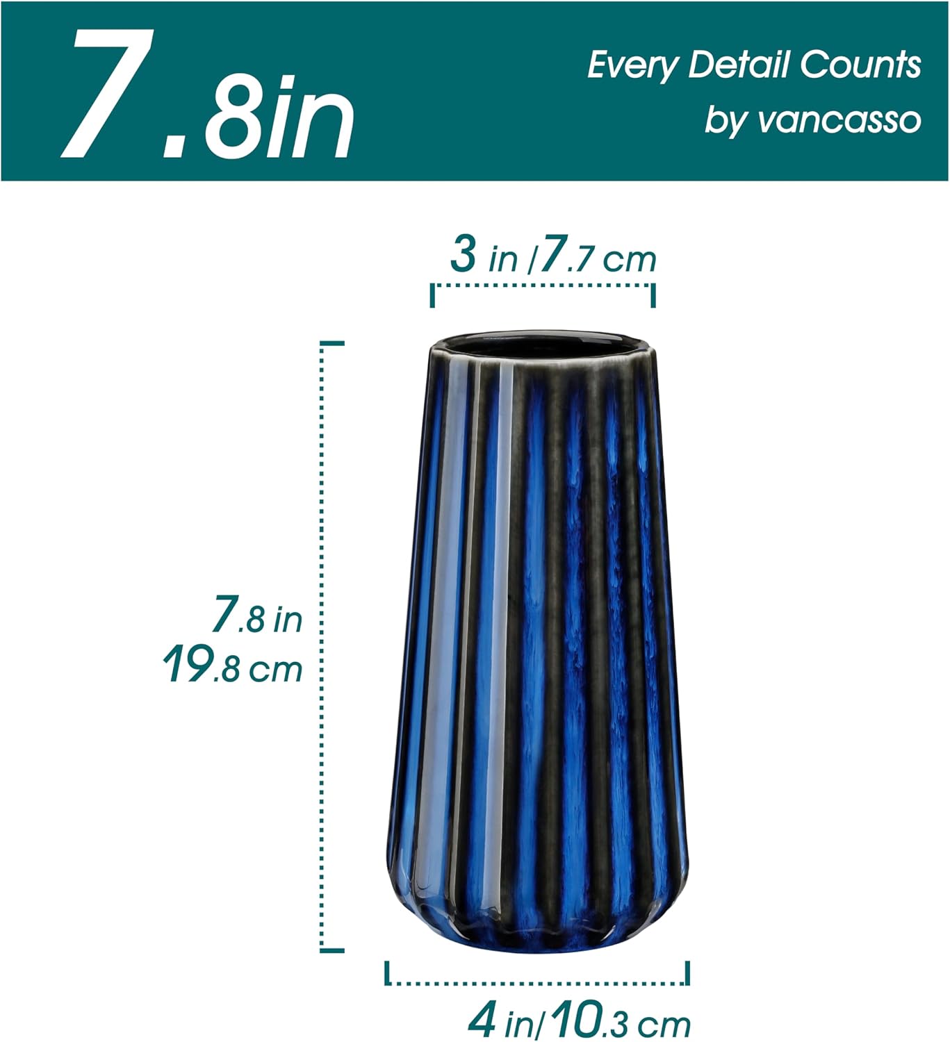 Ceramic Vase / Modern Ribbed Glossy Decorative Vase / Blue / 7.8 Inch
