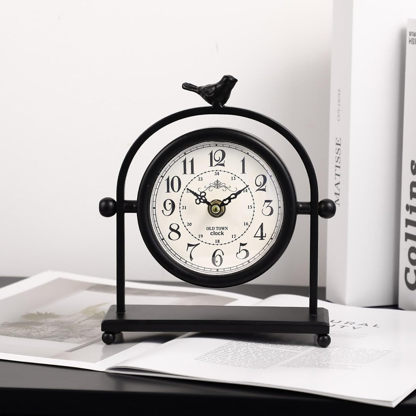 Vintage Farmhouse Table Clock with Bird Topper, Silent Non-Ticking Mantel Clock with Closable Back Cover, Black Iron