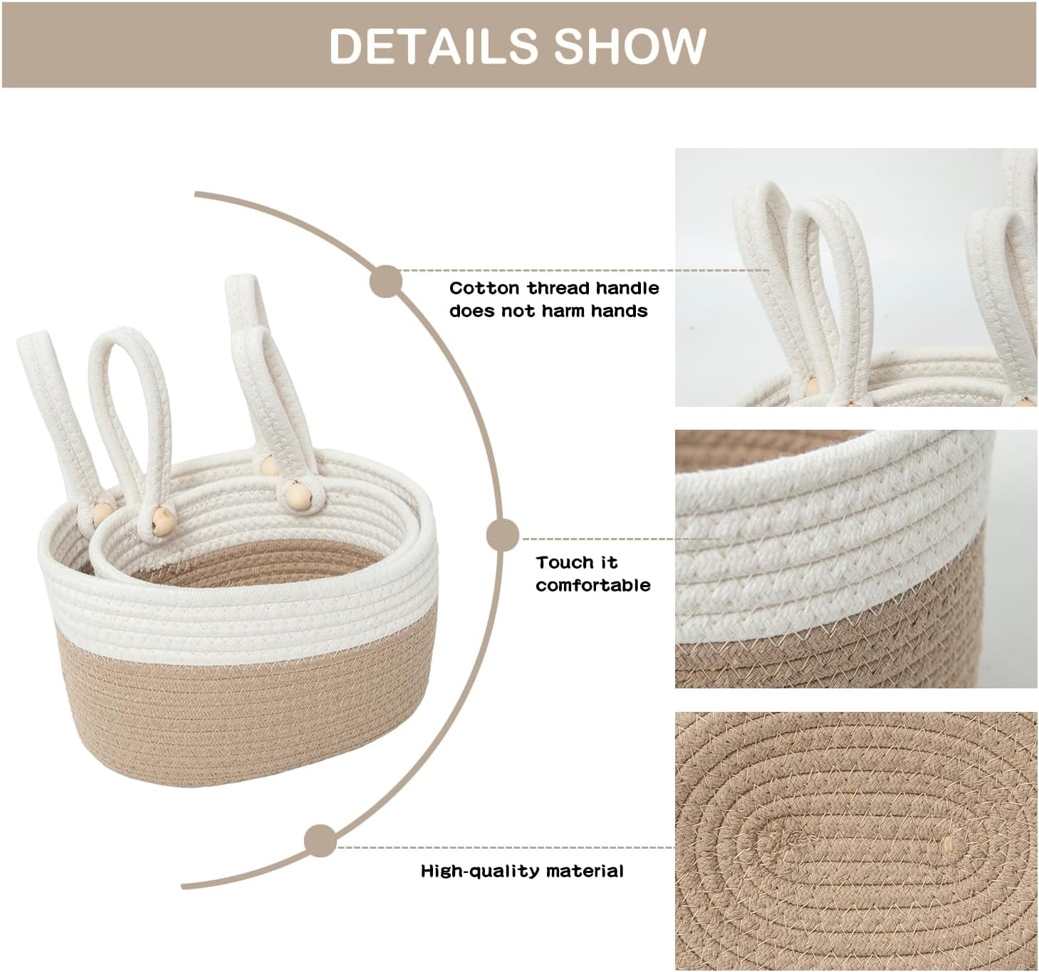 Cotton Hanging Basket for Organizing Hanging Wall Basket / Khaki White / Set of 2