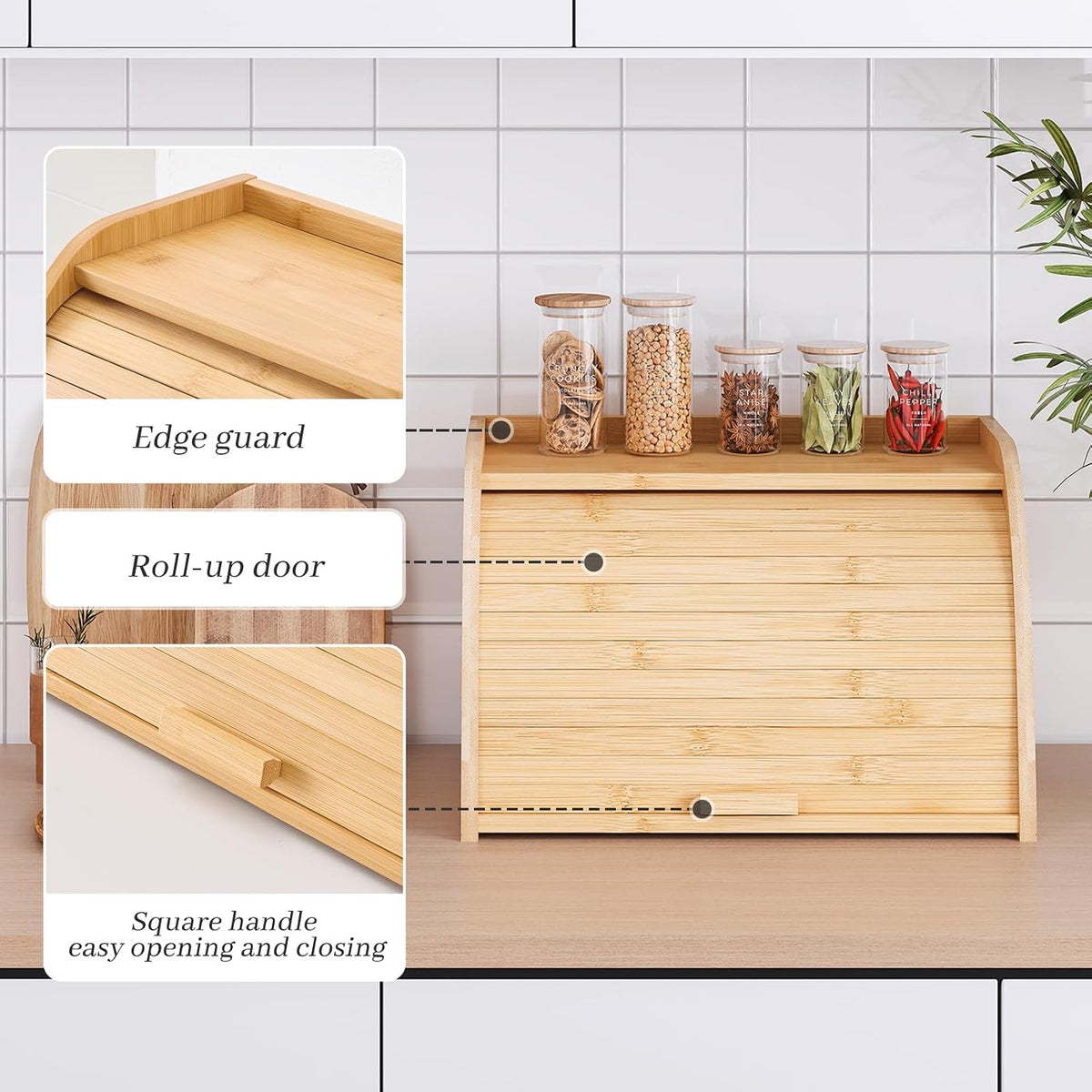 Kitsanery Bread Box for Kitchen Countertop, Bamboo Bread Storage, Double-Layer Roll-Top Bread Container, Farmhouse