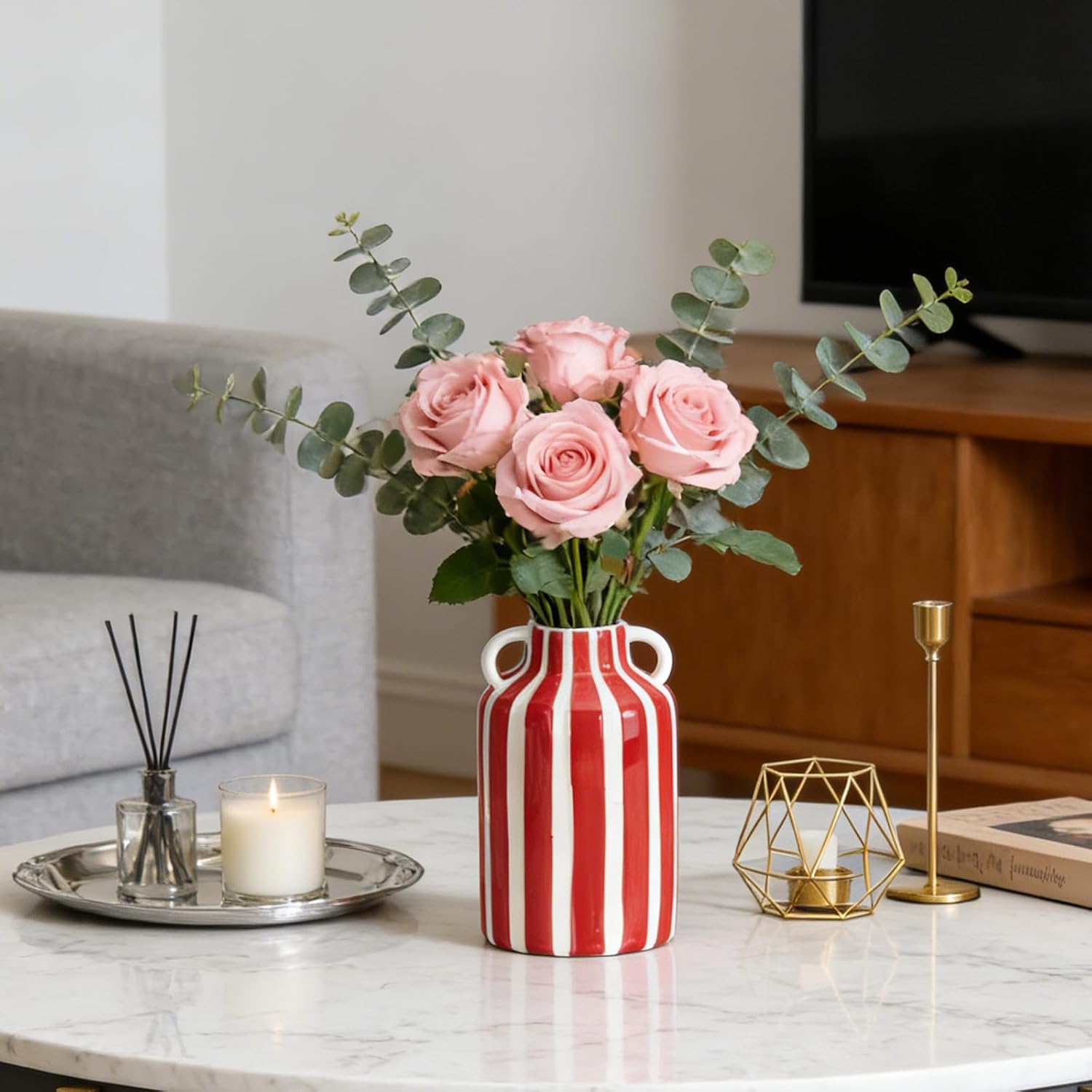 Ceramic Vase / Mid Century Modern Striped Vase for Flower & Pampas Grass Centerpiece / Red and White