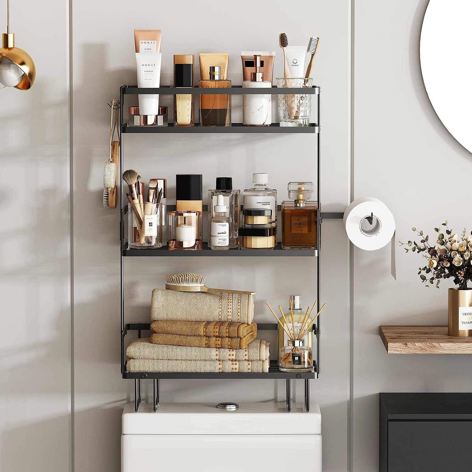 3-Tier Over Toilet Storage Shelf, Wall-Mount with 2 Hook/Paper Rack | Bathroom Organizers and Storage Cabinet