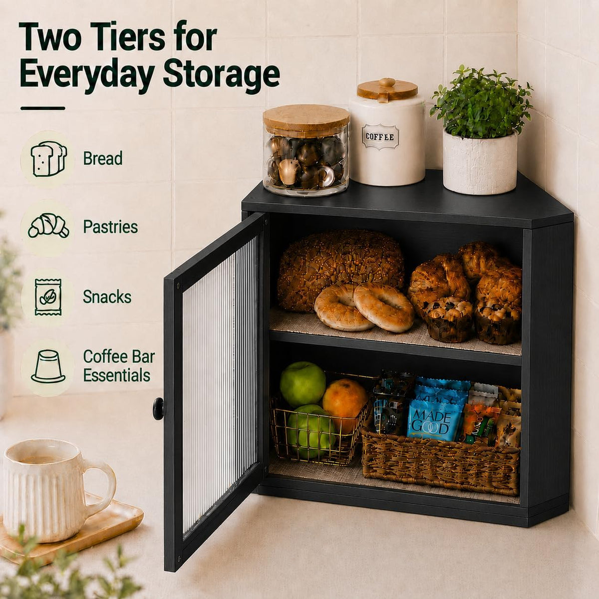 BAMBANG Corner Bread Box for Kitchen Countertop, Large Capacity Bamboo Wood Bread Storage Container, 2 Tier Farmhouse