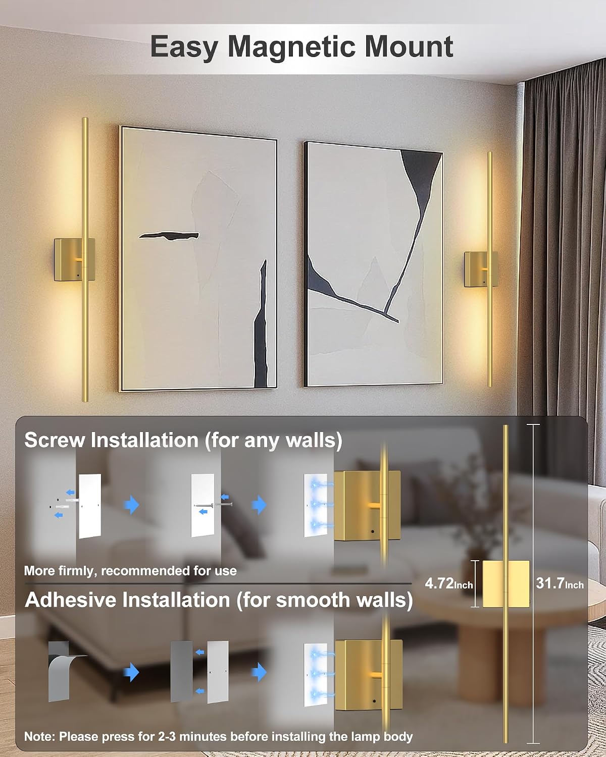 Battery Powered Wall Sconce Set of Two: Gold Wireless Rechargeable Wall Lights with Touch and Remote Control