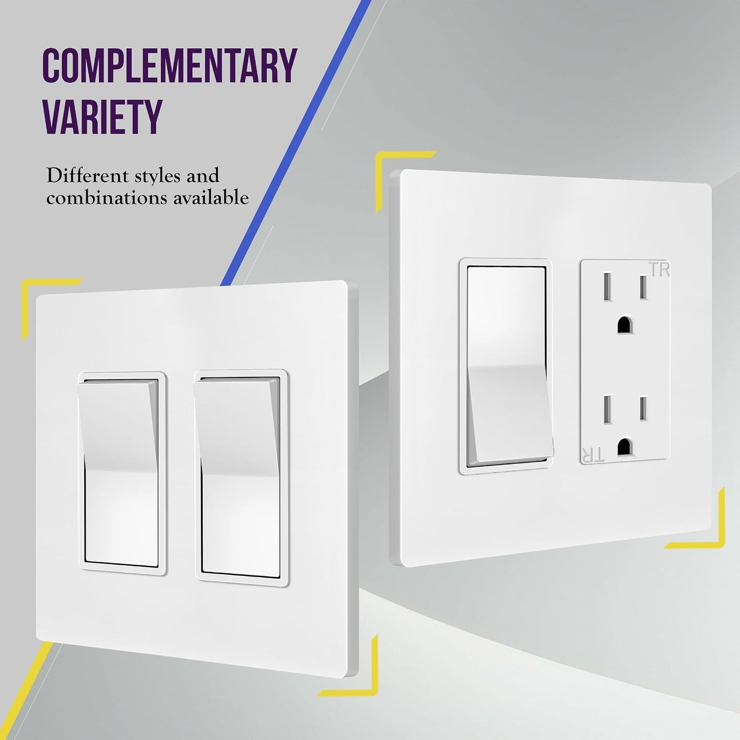 ENERLITES 2-Gang White Screwless Decorator Wall Plate Outlet Cover, 10 Pack | Size 4.68" x 4.73", Fits light