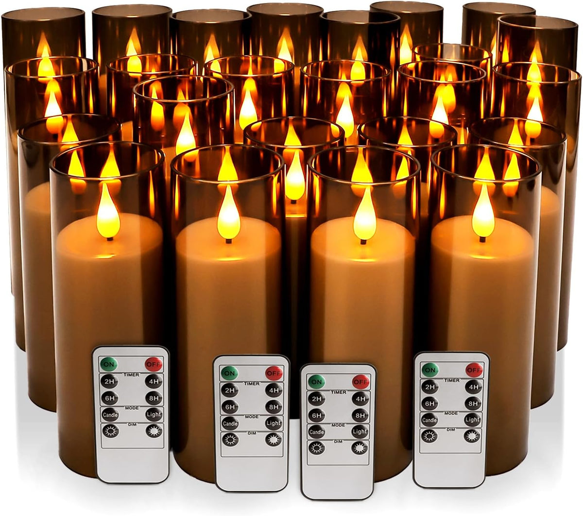 24 Pack LED Gray Flameless Candles with Remote, 3D Flickering Battery Operated Candles in Glass Holders, Safe for