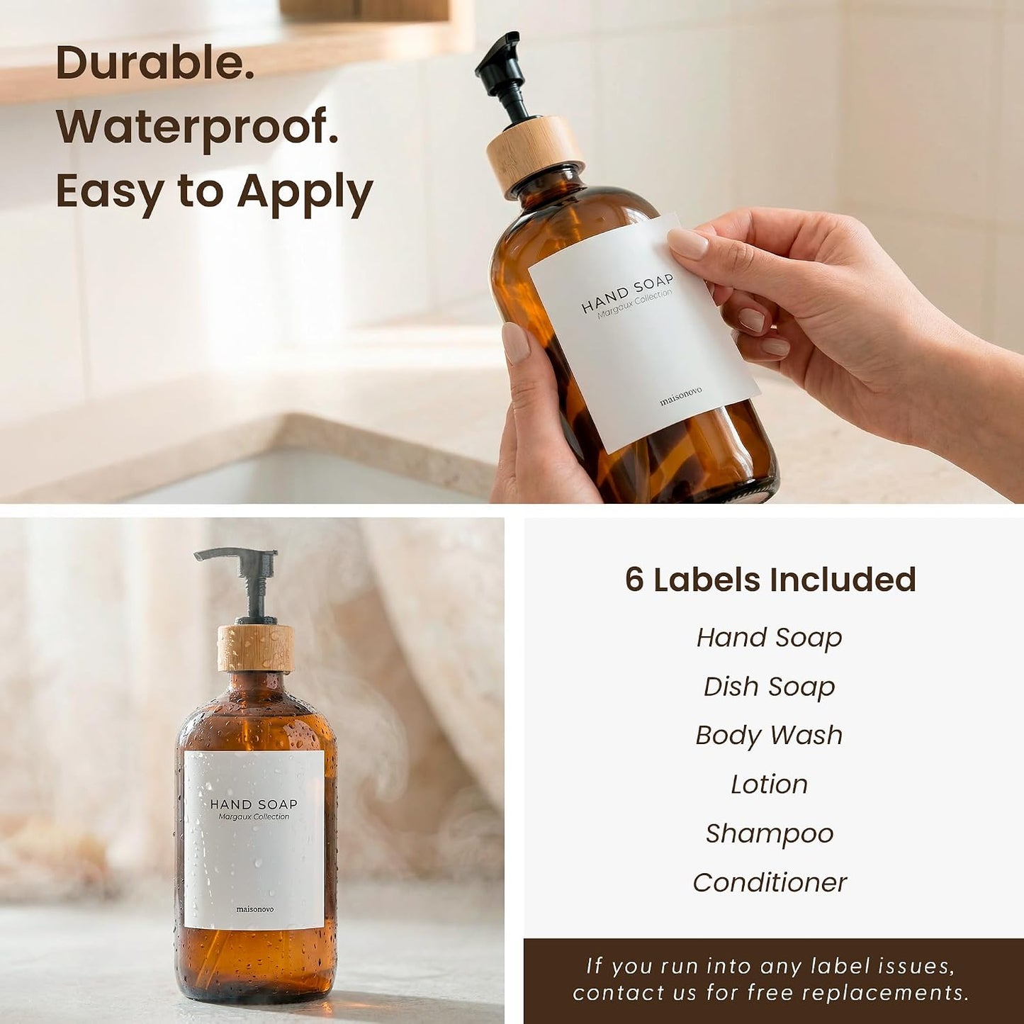 Maisonovo Dish Soap Dispenser Set - Amber Soap Dispenser Black Bamboo Pumps | Glass bottles for body wash, lotion