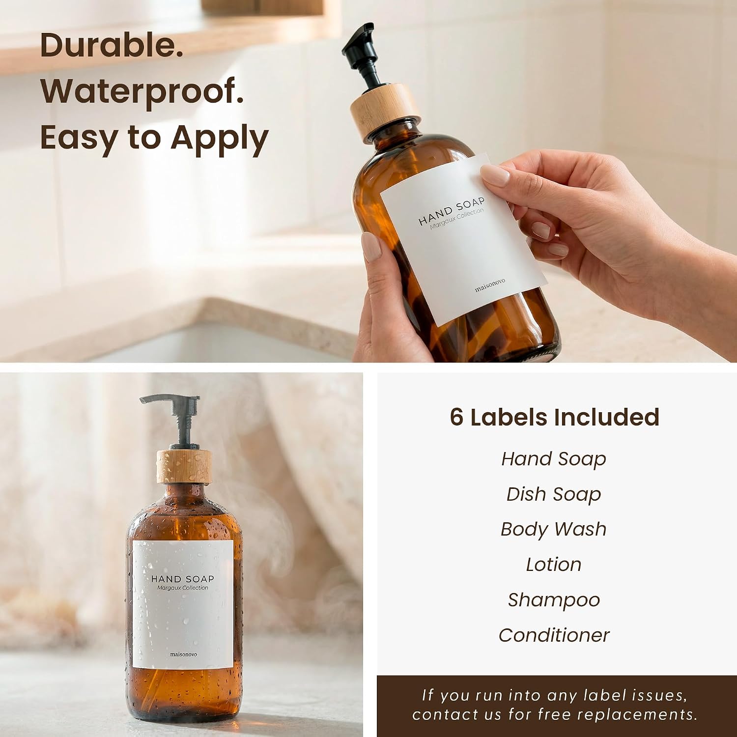 Maisonovo Dish Soap Dispenser Set - Amber Soap Dispenser Black Bamboo Pumps | Glass bottles for body wash, lotion