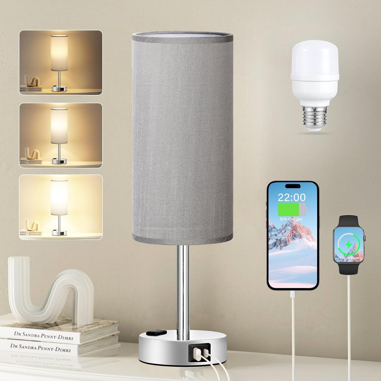 Fenmzee Grey Bedside Lamp for Bedroom, Dimmable Touch, USB A+C, AC Outlet