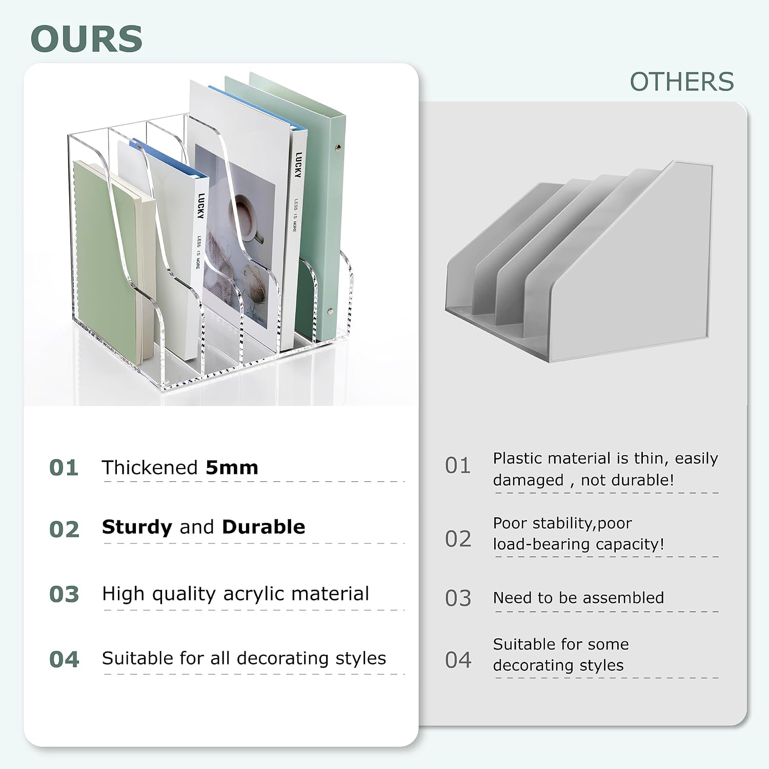 SANRUI Acrylic Desk Organizers, Clear Magazine File Holder, 5 Vertical Compartments A4 Folder Binder Holders Sorter
