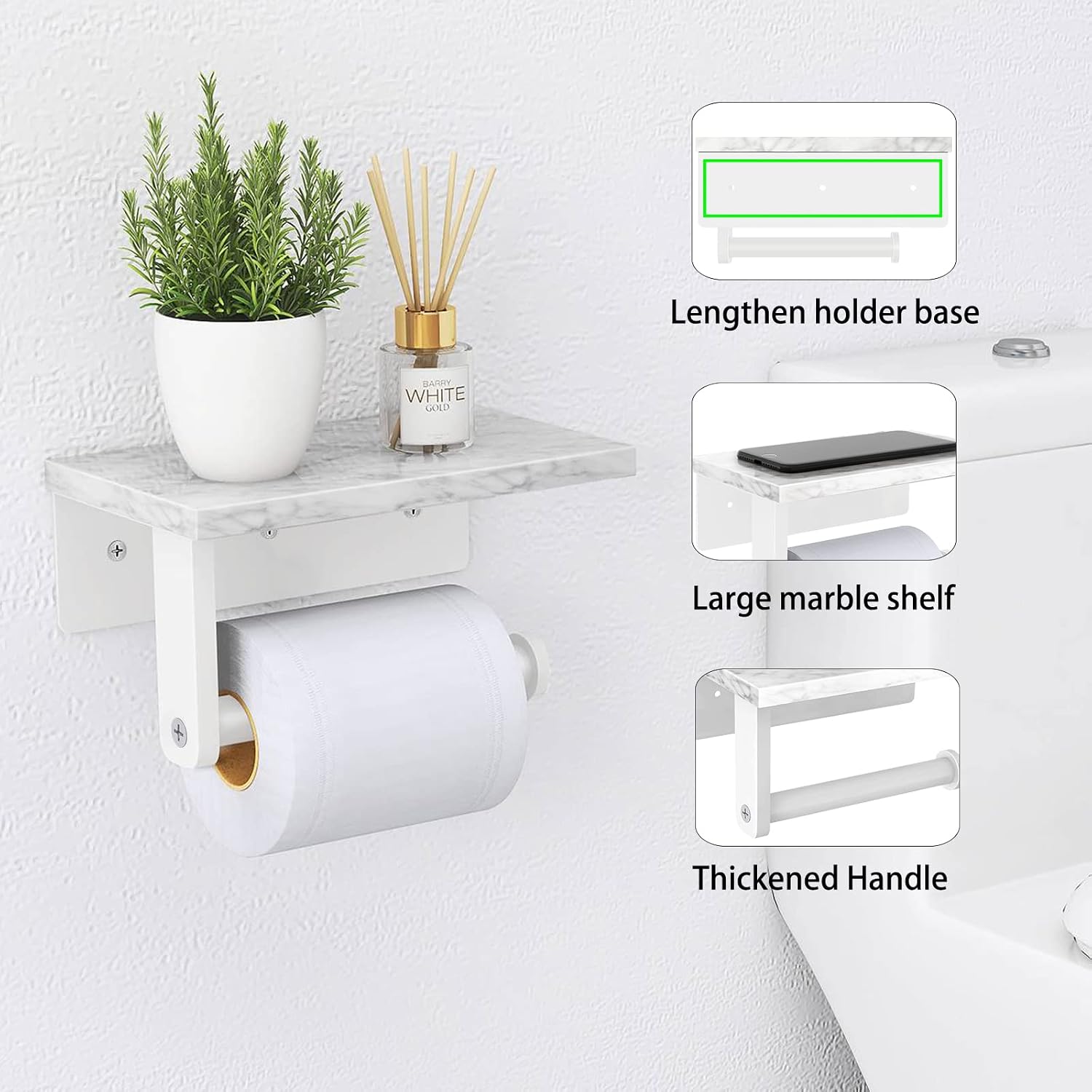 Gypie Toilet Paper Holder with Marble Shelf, Wall Mounted White | Stainless Steel, Tissue Roll Paper Holder Dispenser