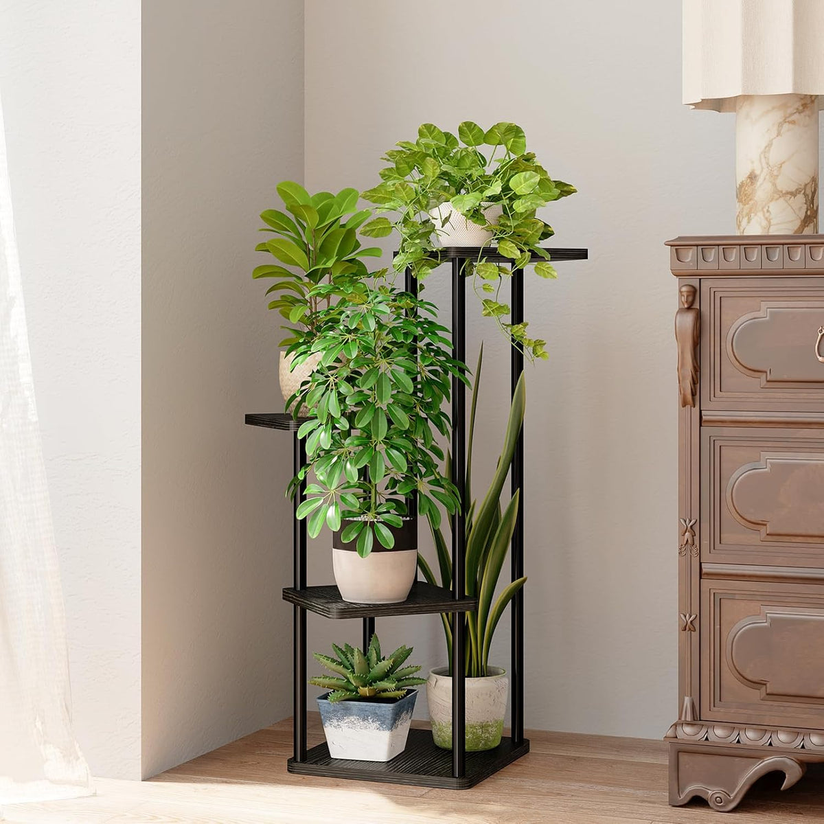 Bamworld Small Plant Stand Indoor Corner Metal Plant Shelf | 4 Tier Flower Stand for Patio Garden Balcony Living Room