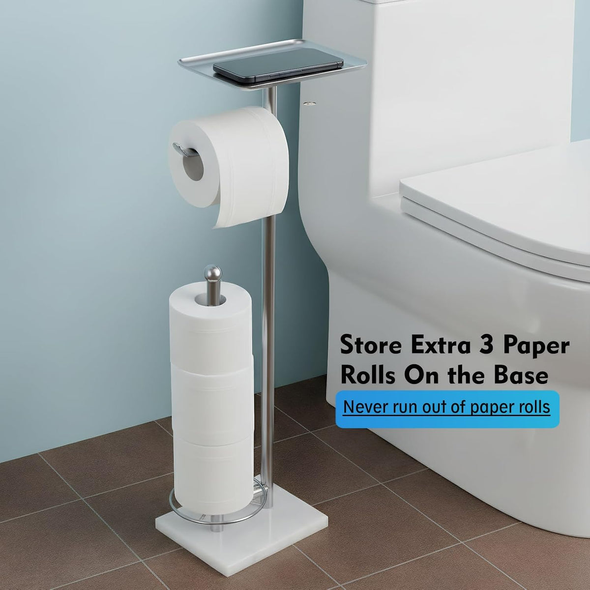 Toilet Paper Holder with Shelf, Free Standing Toilet Paper Holder with Storage - Toilet Paper Stand for Holding Extra 3